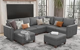 SITJOY Faux Leather Modular Sectional Couches for Living Room, Modular Convertible 8 Seat U-Shaped Sofa with Storage & Ottoman, 118 inch Width, Grey
