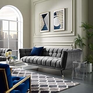 Modway Adept Contemporary Mid-Century Modern Performance Velvet Upholstered Tufted Sofa in Gray
