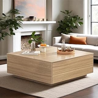 43" Square Coffee Table with Storage in Light Brown Wood