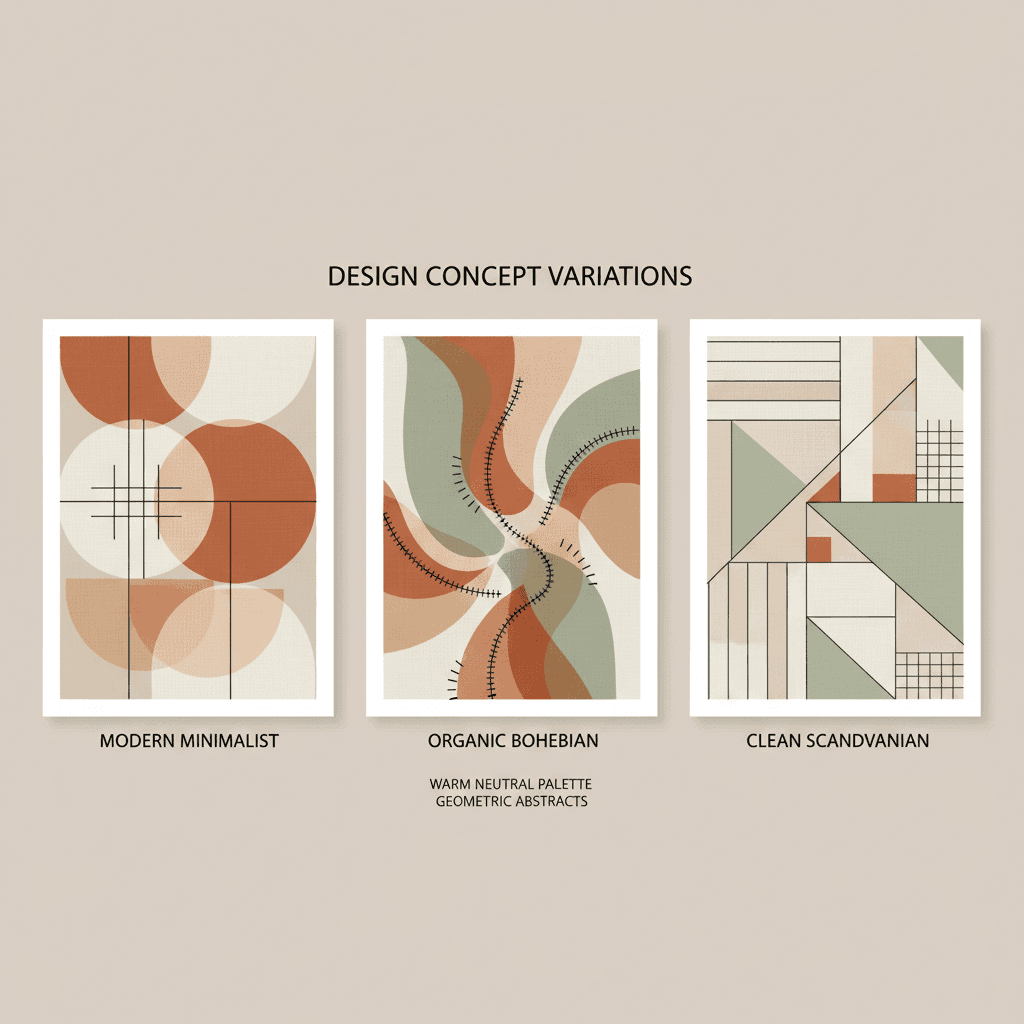 Minimalist abstract design style variations showing modern, bohemian, and scandinavian aesthetics